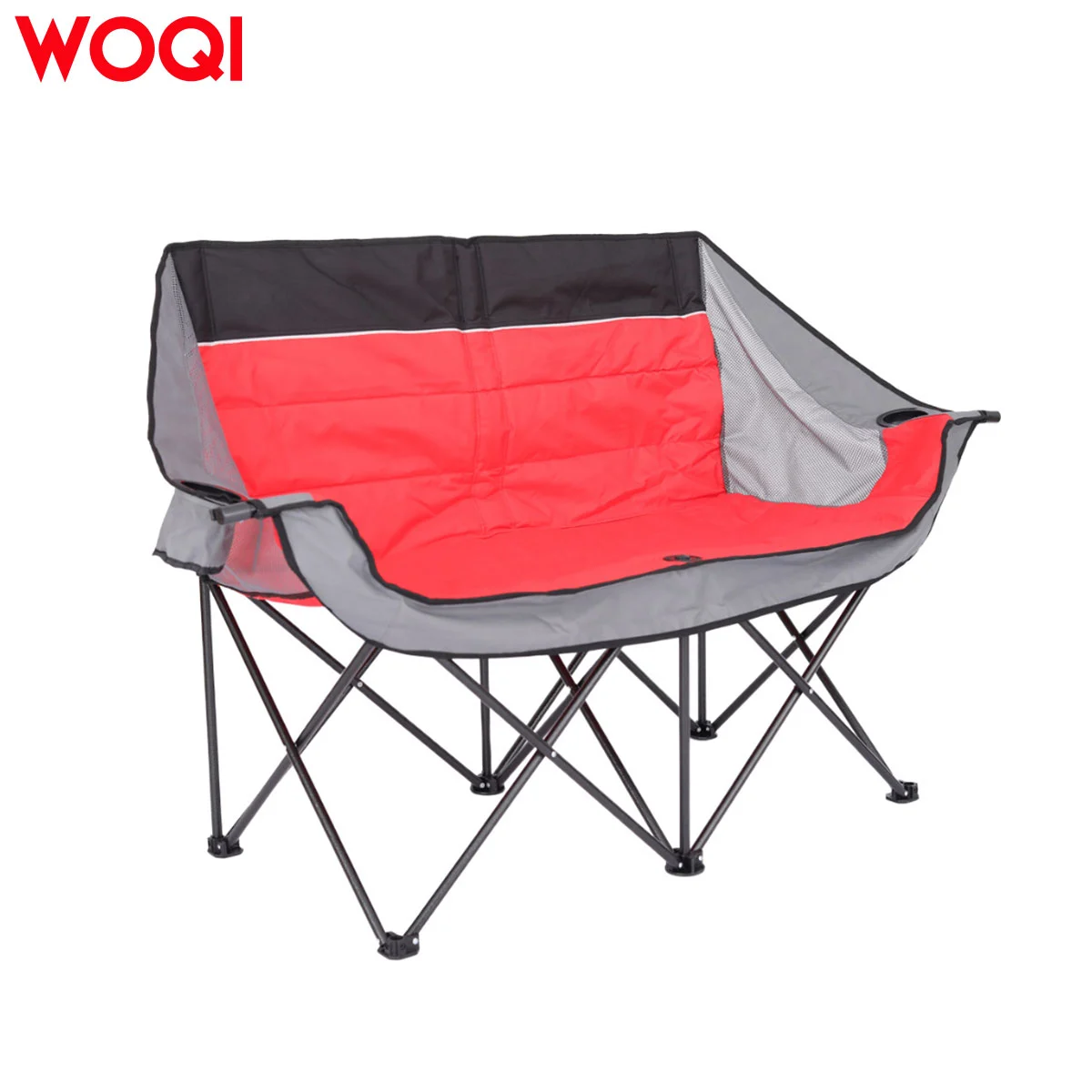 WOQI Foldable double camping chair with cup holders and wine glass holders.