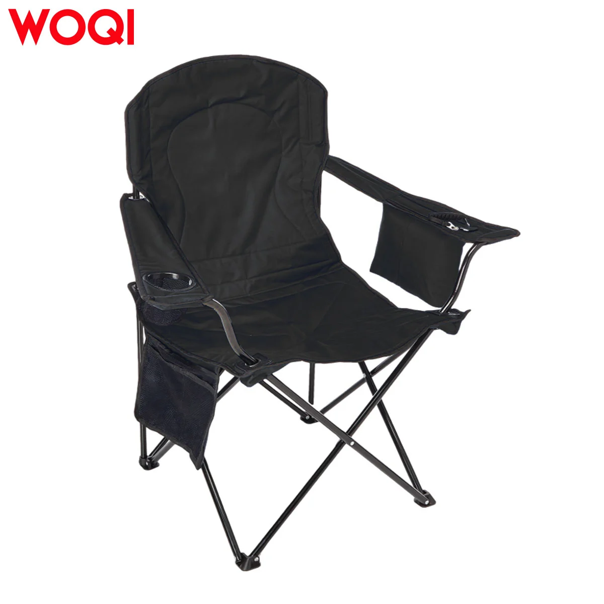 WOQI Portable camping chair with a four-can capacity cooler bag.